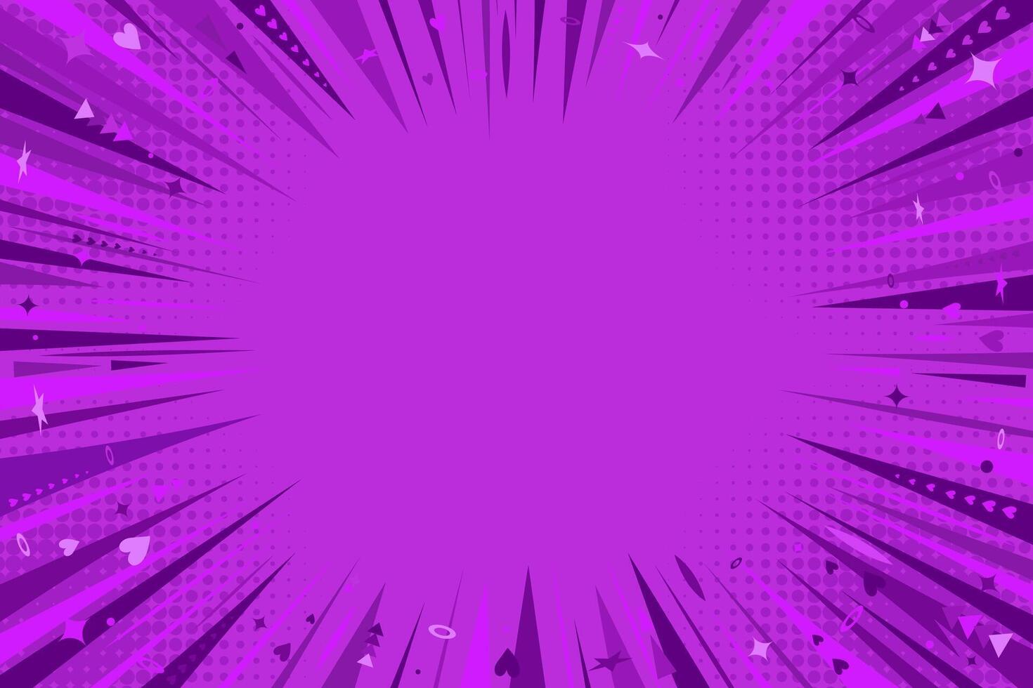 Purple comic book background. Modern creative pop art purple halftone style background with stars, hearts, triangles and decorative circles vector