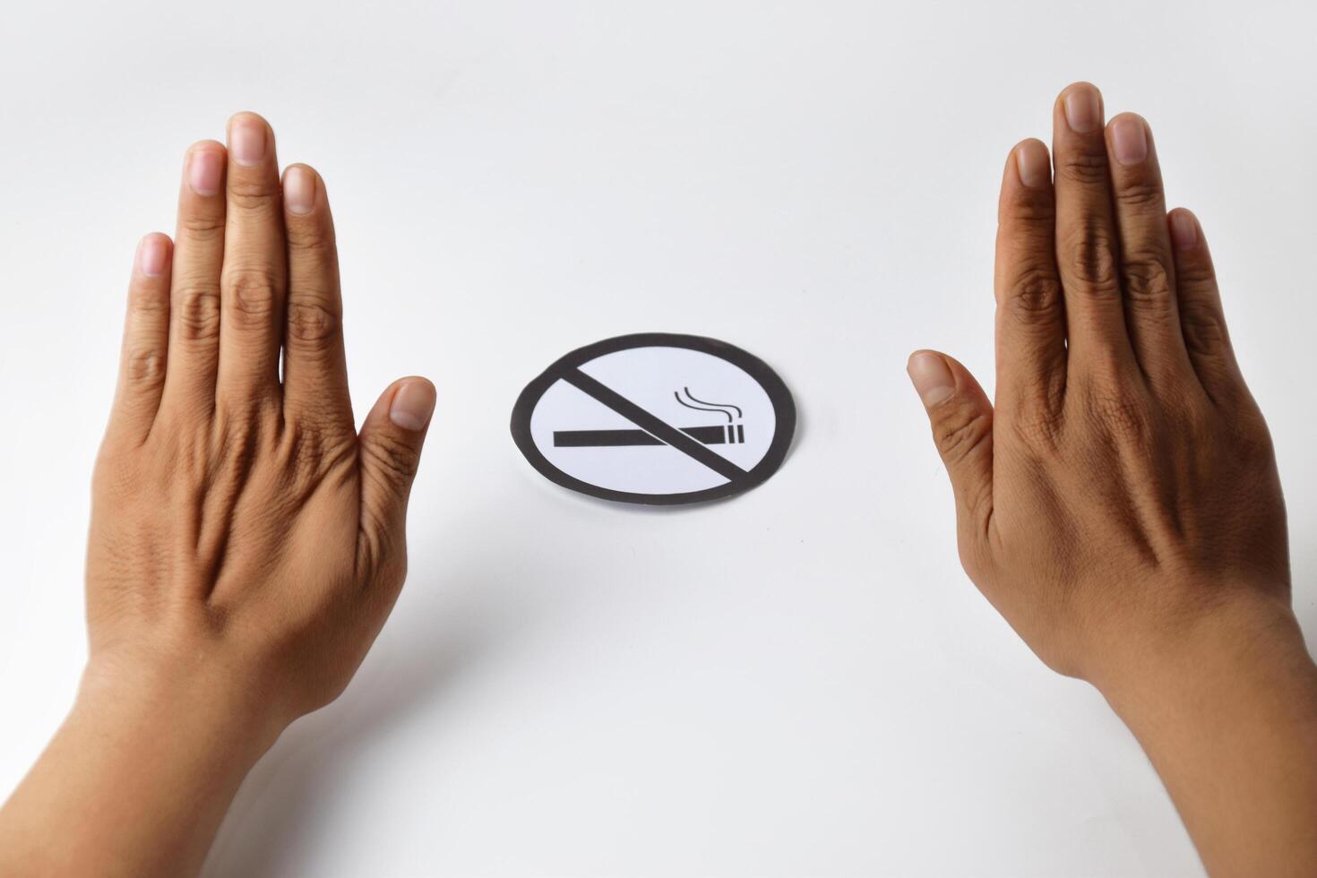 A person's two hands show a prohibition gesture with a sign no smoking photo