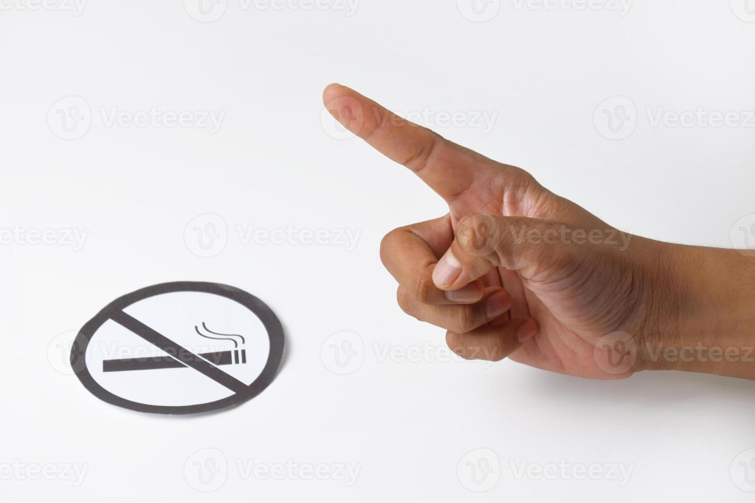 A mans hand warns with his index finger with a no smoking symbol photo
