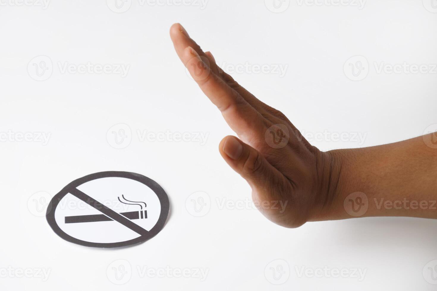 Man's hand showing a gesture of refusal with no smoking symbol photo