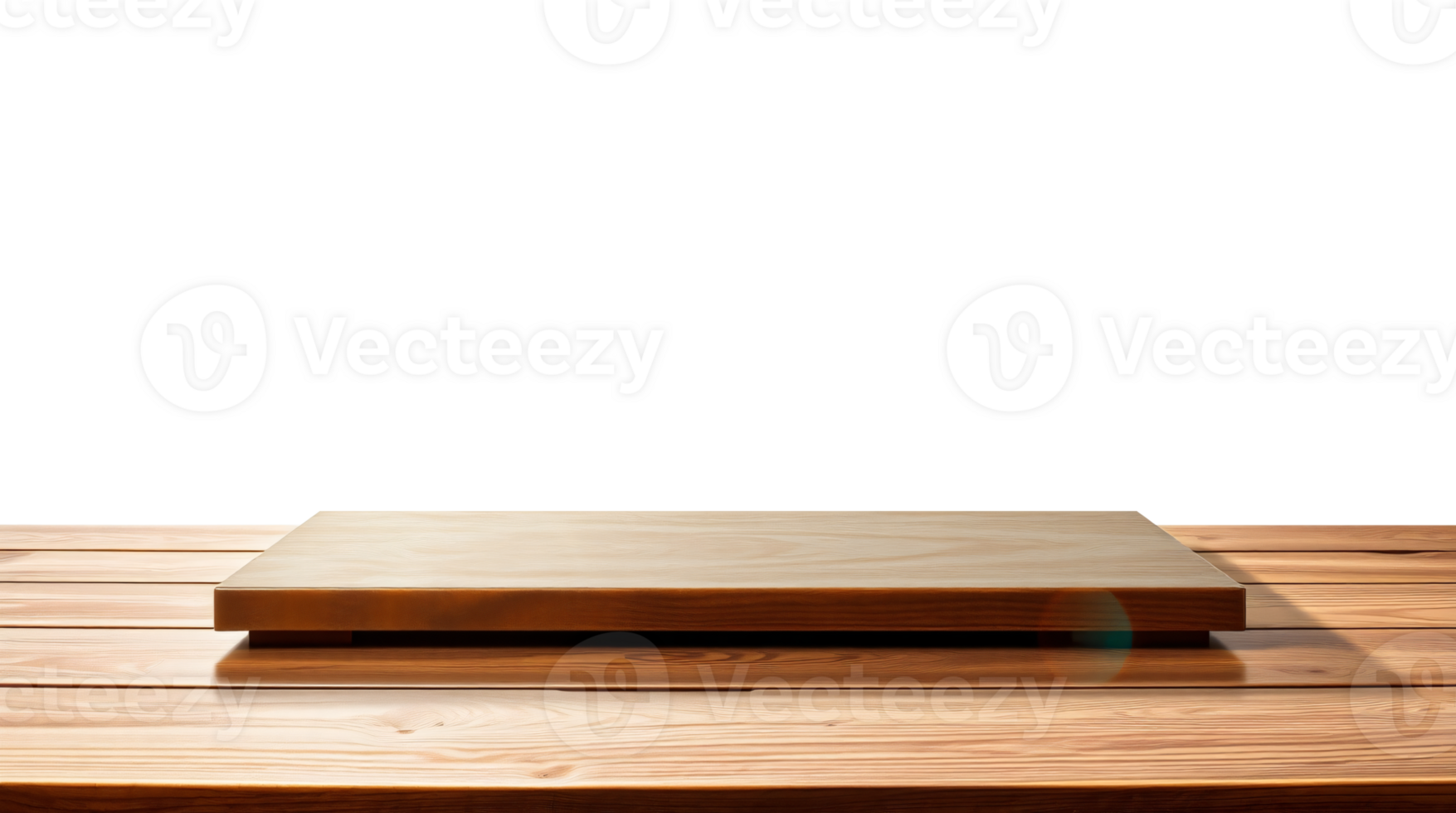 Empty wooden podium on wooden table for product display, Bright lens flare, isolated on transparent background, copy space, Cut out png
