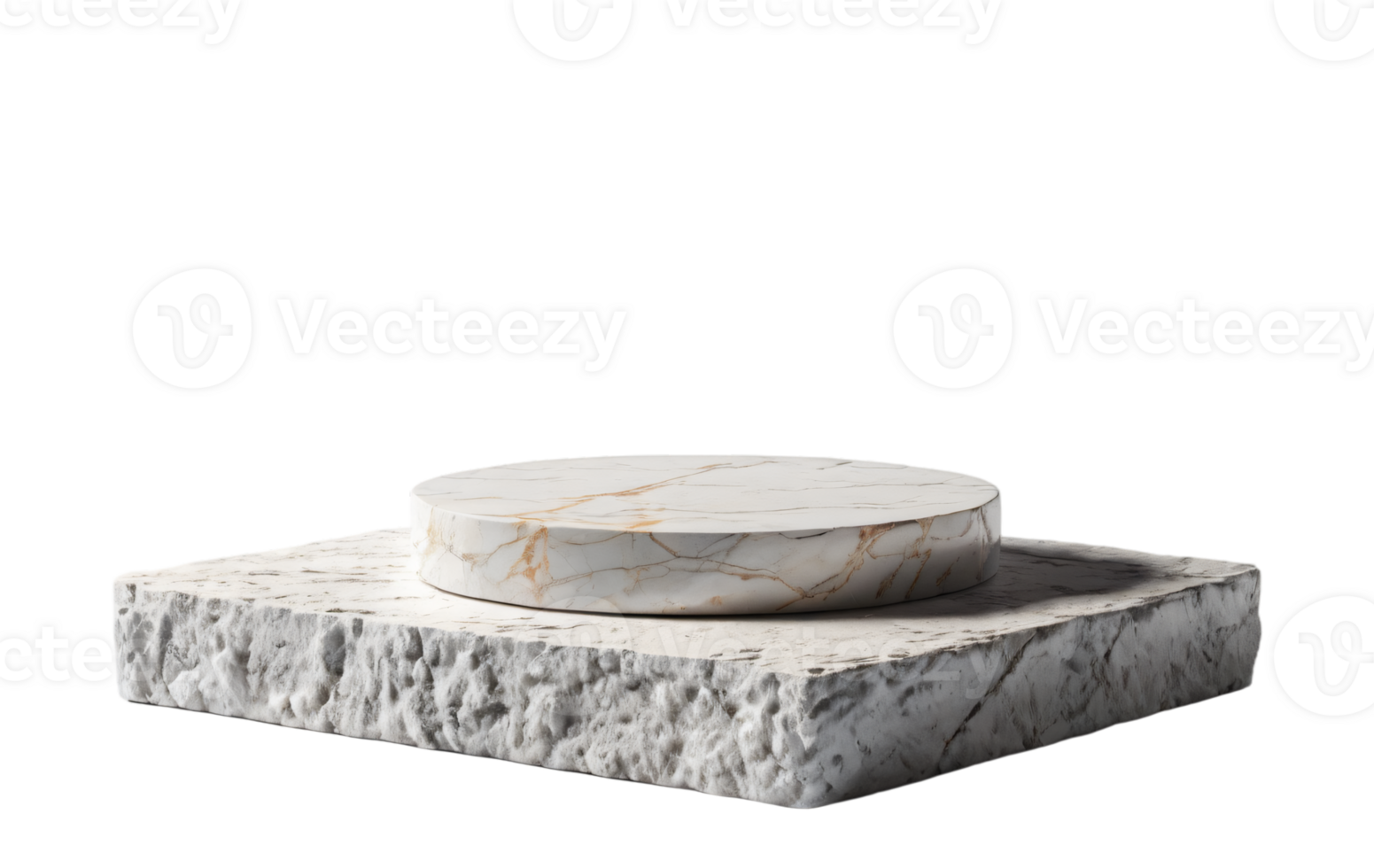 Round white marble podium on white stone for product display, cut out, , isolated on transparent background png