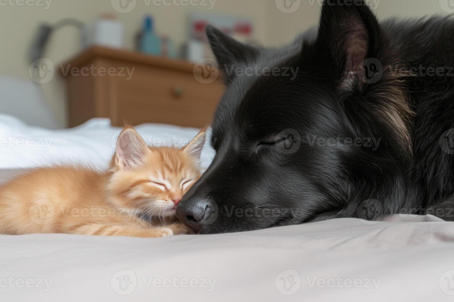 Cute little kitten and a black dog lying together on the bed. photo