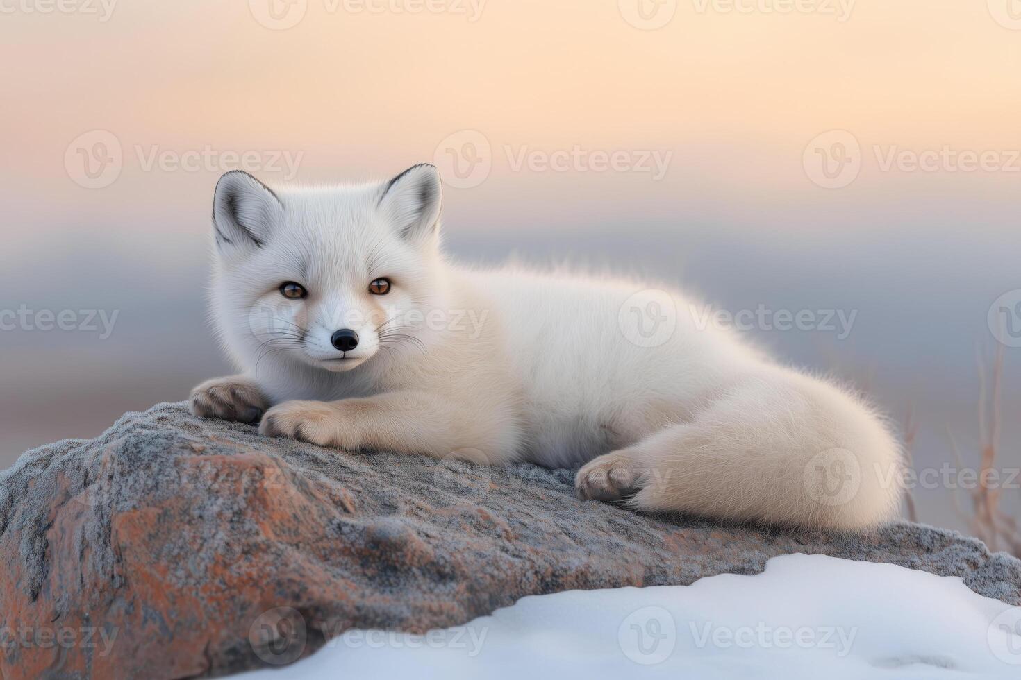 cute white fox sitting on the rock in the snow at sunset photo