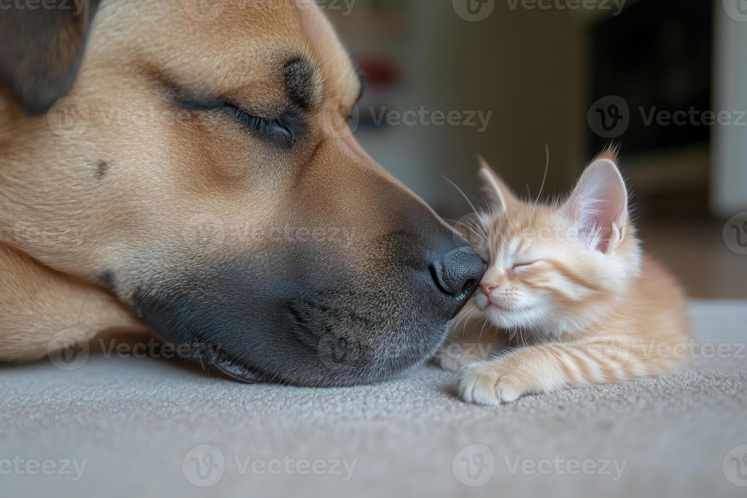 Cute dog and cat sleeping together at home. photo