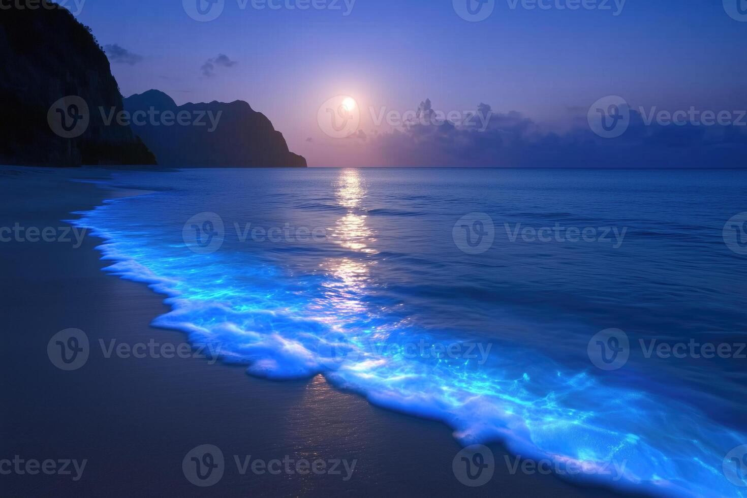 glowing sea is a natural phenomenon that occurs when the surface layers of the sea or ocean are filled with microorganisms capable of bioluminescence. photo