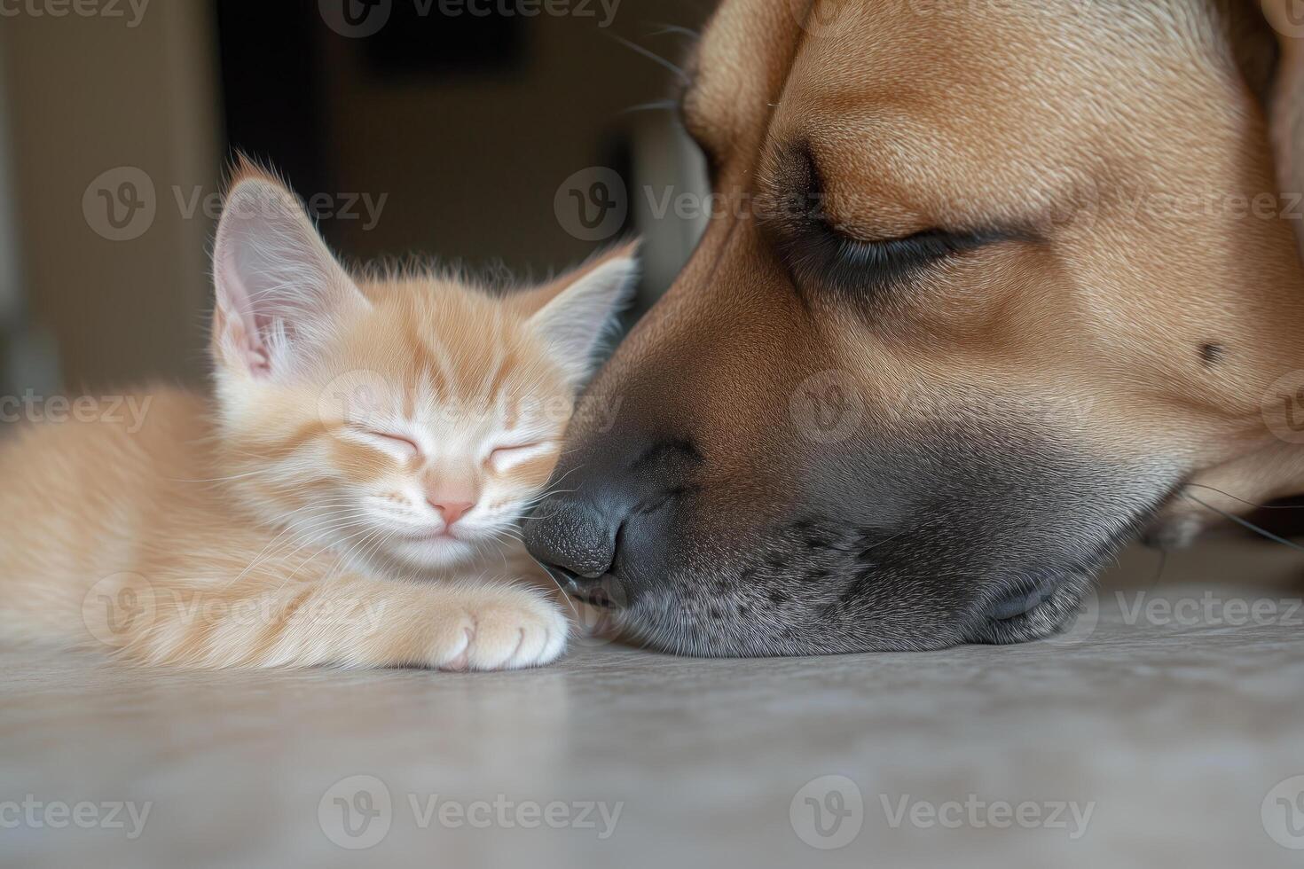 Cute dog and kitten sleeping together on the floor at home. photo