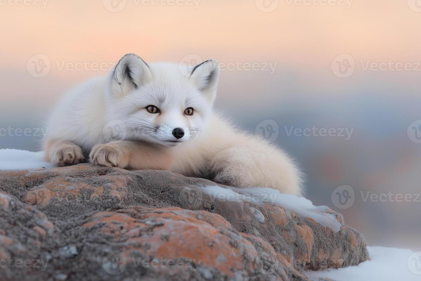 arctic fox, sitting on a rock in the winter tundra, saw something photo