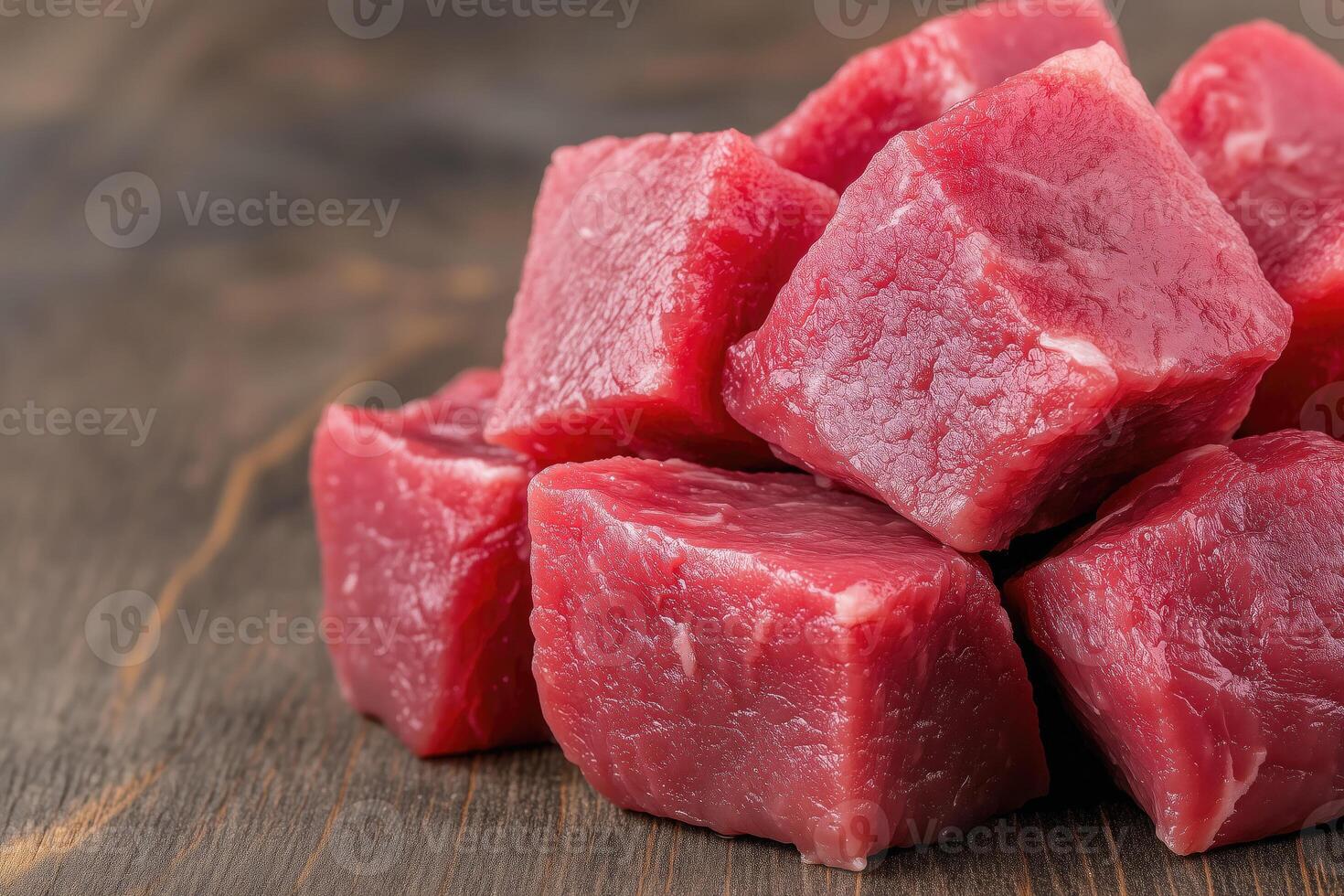 Pieces of raw beef meat on wooden background photo