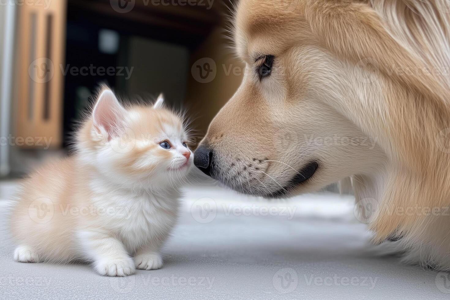 Cute little kitten and Golden Retriever dog playing together photo
