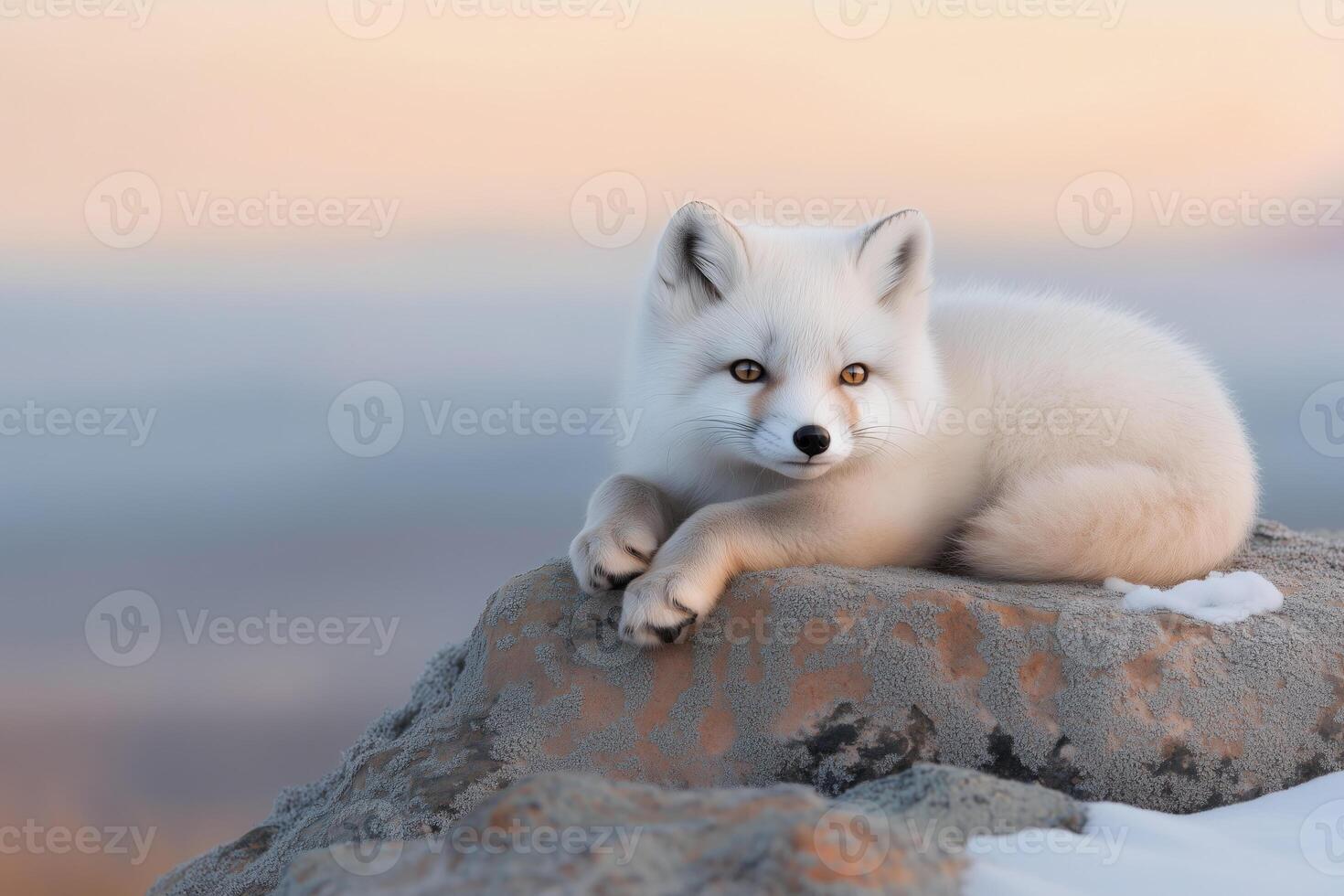 young arctic fox sitting on a rock in winter photo