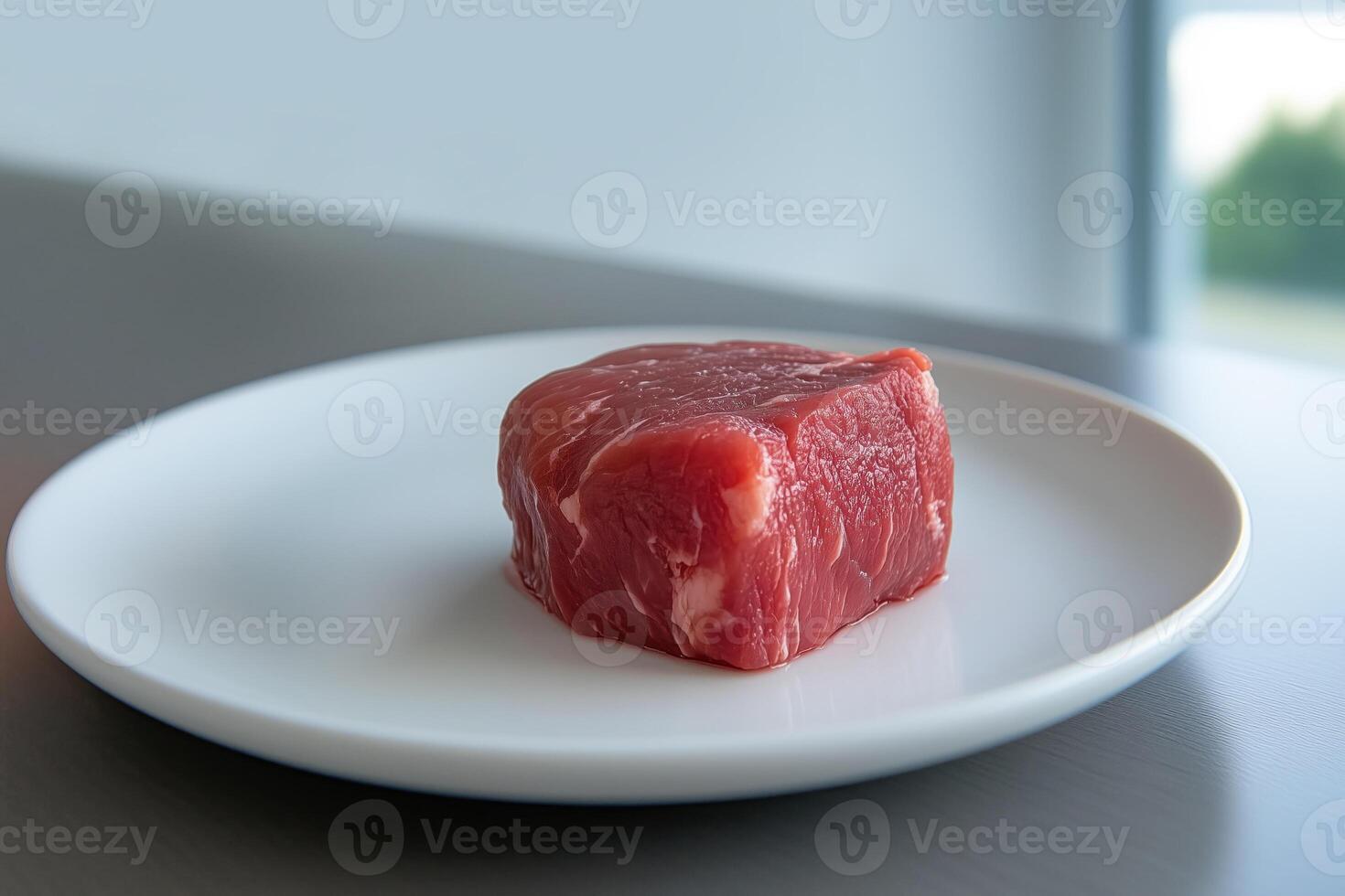 Raw beef on a white plate. Shallow depth of field. photo