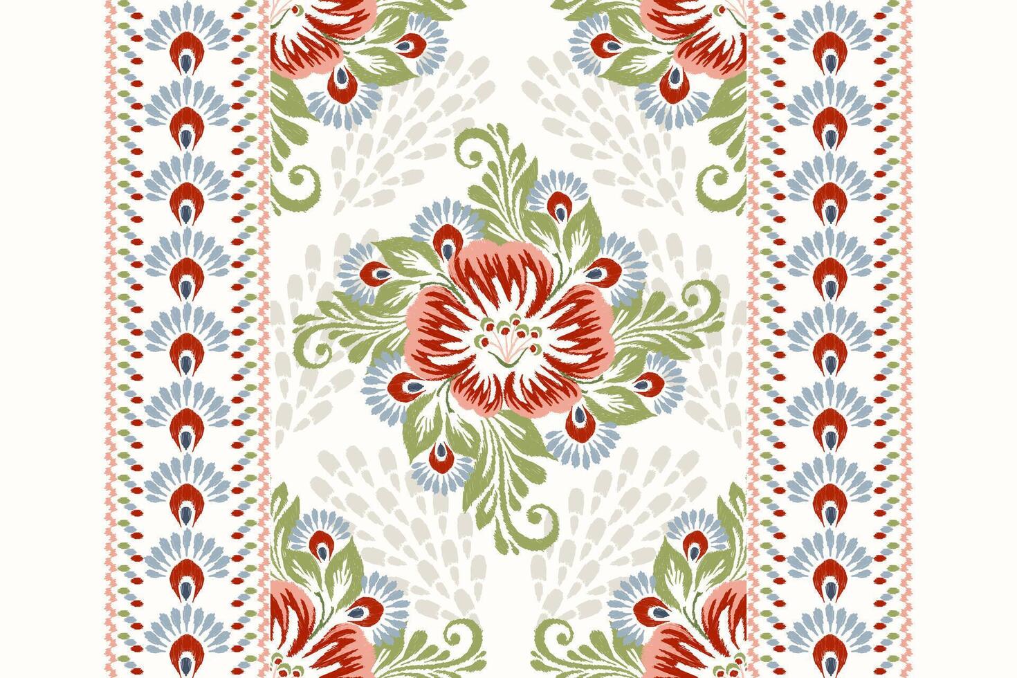 Ikat floral pattern on white background.Ikat ethnic oriental embroidery traditional.Aztec style,hand drawn,baroque pattern.design for texture,fabric,clothing,decoration,carpet. vector
