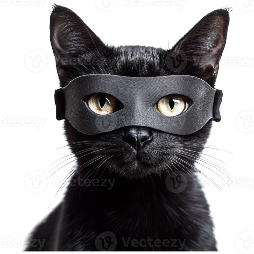 A black cat wearing a mask with striking yellow eyes, showcasing a playful and mysterious expression. png