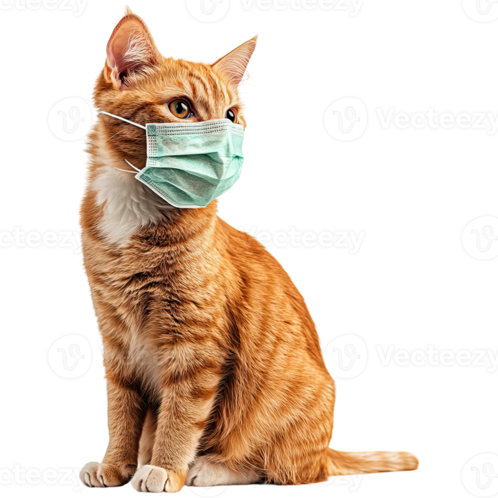 A ginger cat wearing a green mask sits calmly, showcasing its distinct features and playful expression. png