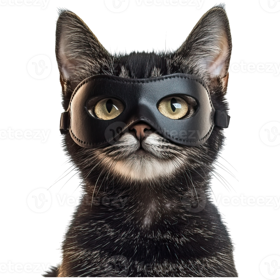 A black cat wearing a sleek black mask, showcasing its striking green eyes and unique expression. png