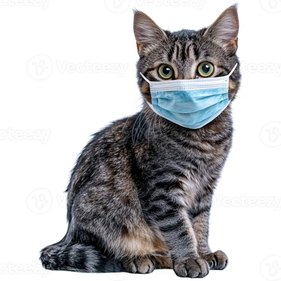 A tabby cat wearing a blue medical mask sits calmly, showcasing its striking green eyes and distinct fur patterns. png