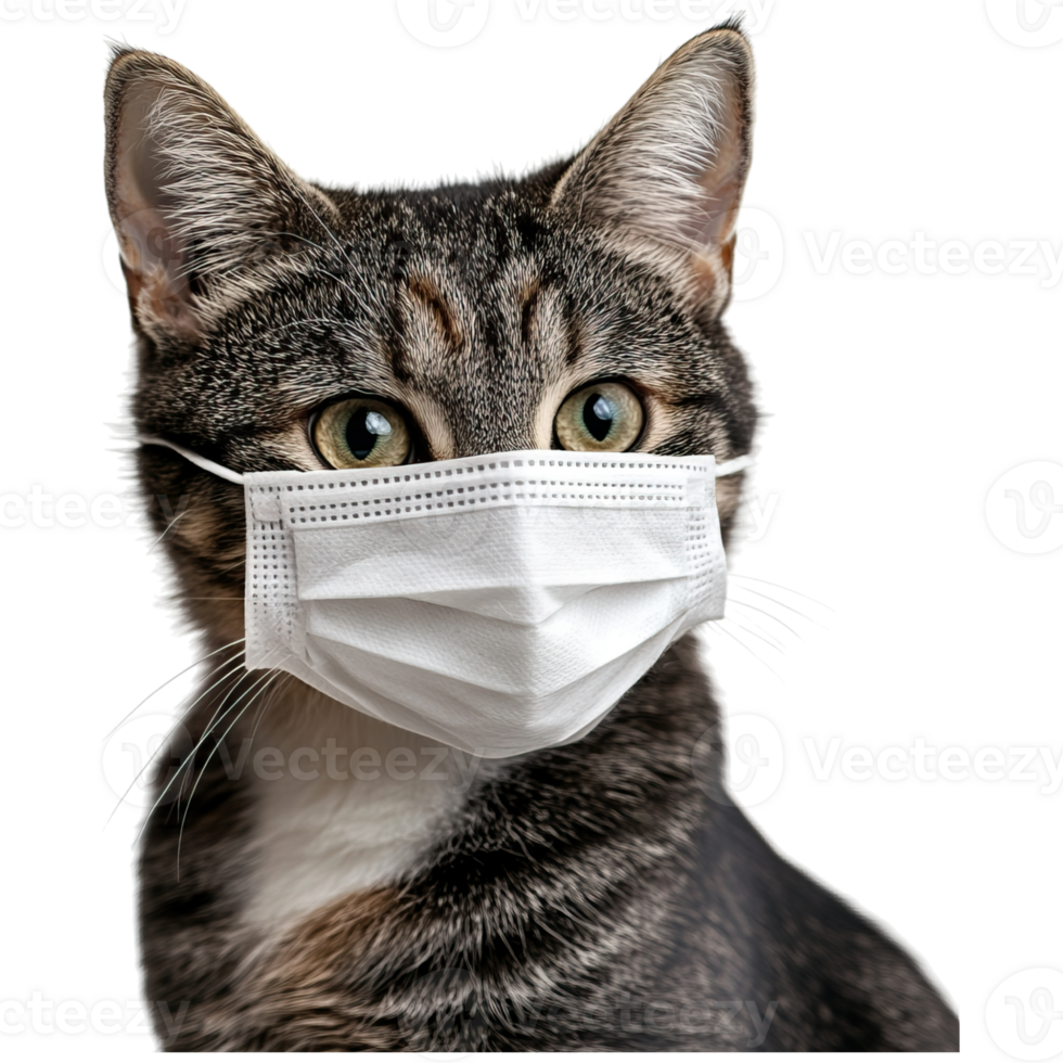 A tabby cat wearing a white medical mask, showcasing its expressive eyes and distinctive fur patterns. png