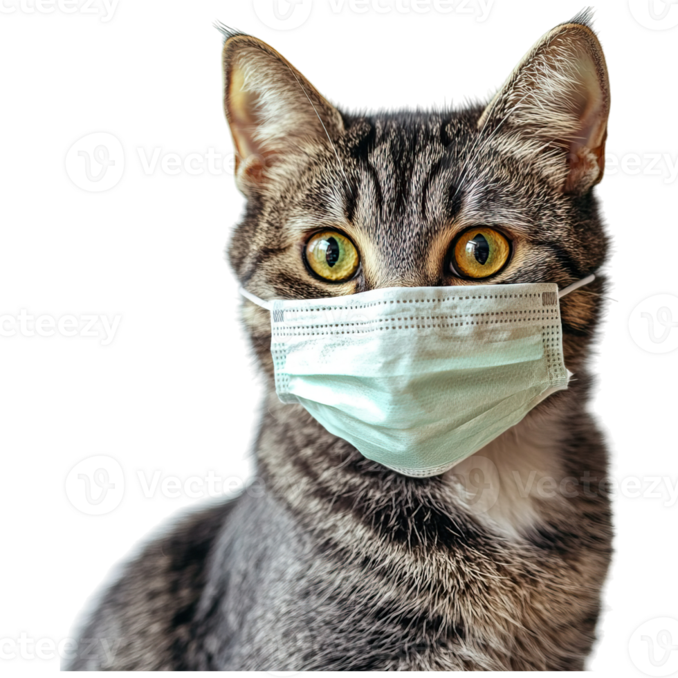 A cat wearing a light green mask, showcasing its striking yellow eyes and distinct striped fur. png