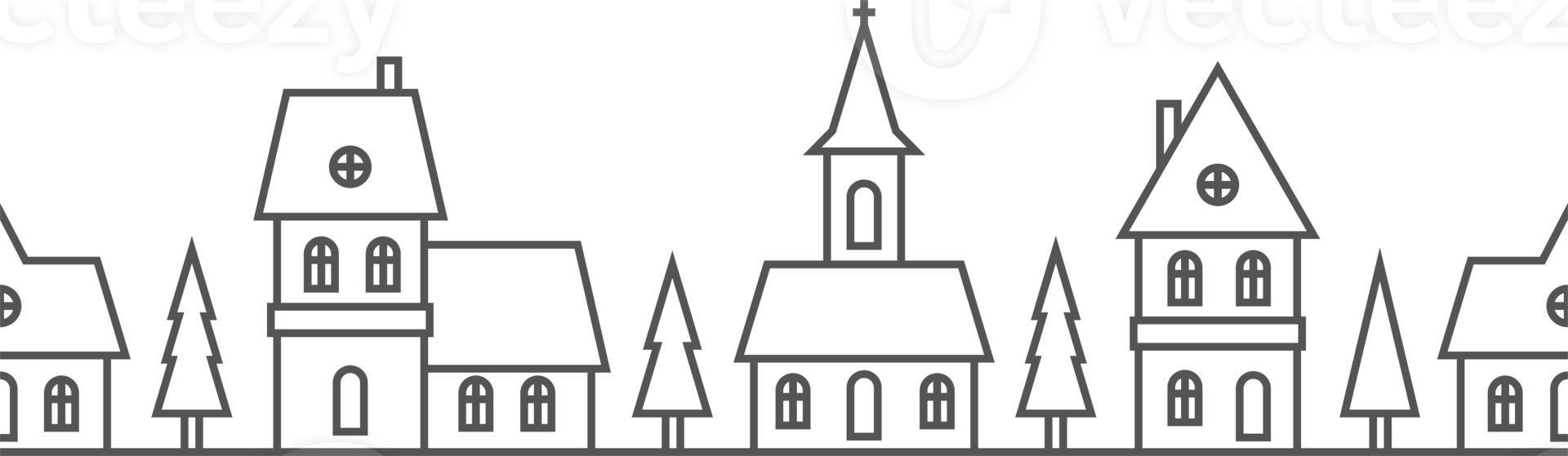 Christmas winter houses. Outline silhouette of neighborhood. Seamless border with skyline of cute buildings church and fur trees. Horizontal panorama with row of homes. png