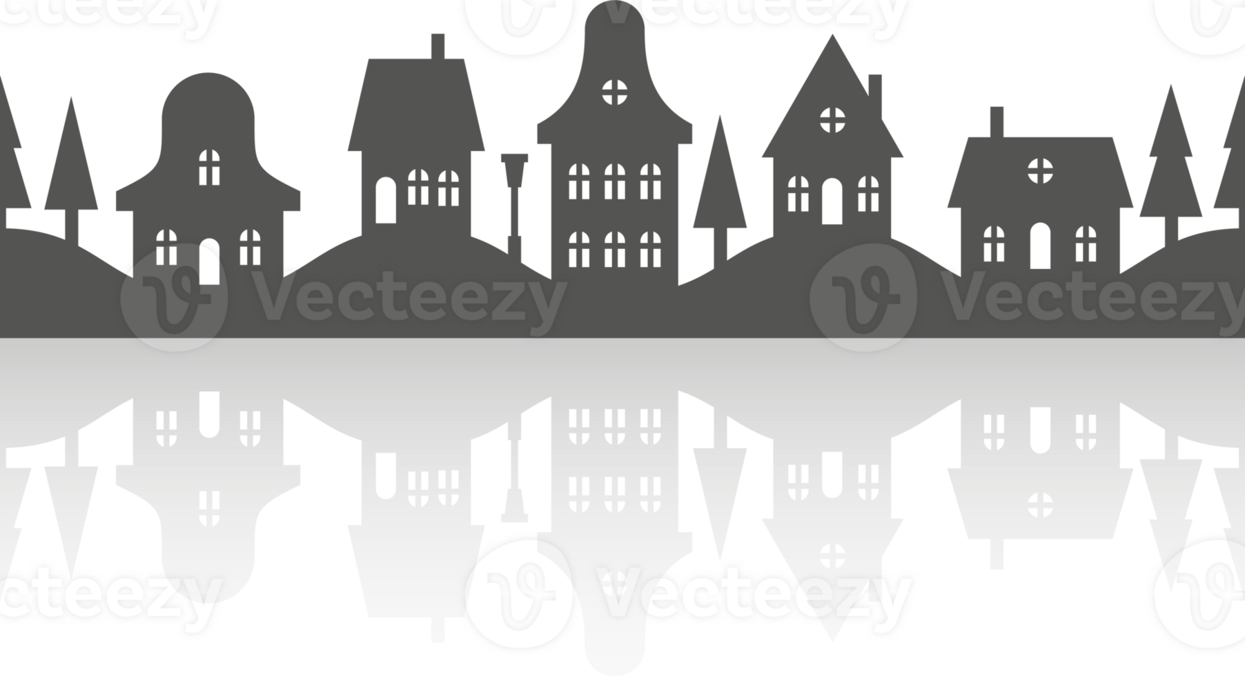 Silhouette of neighborhood houses. Homes and buildings on skyline. Christmas town and village. Row of small cottages on the street with fir trees and shadow. Seamless border png