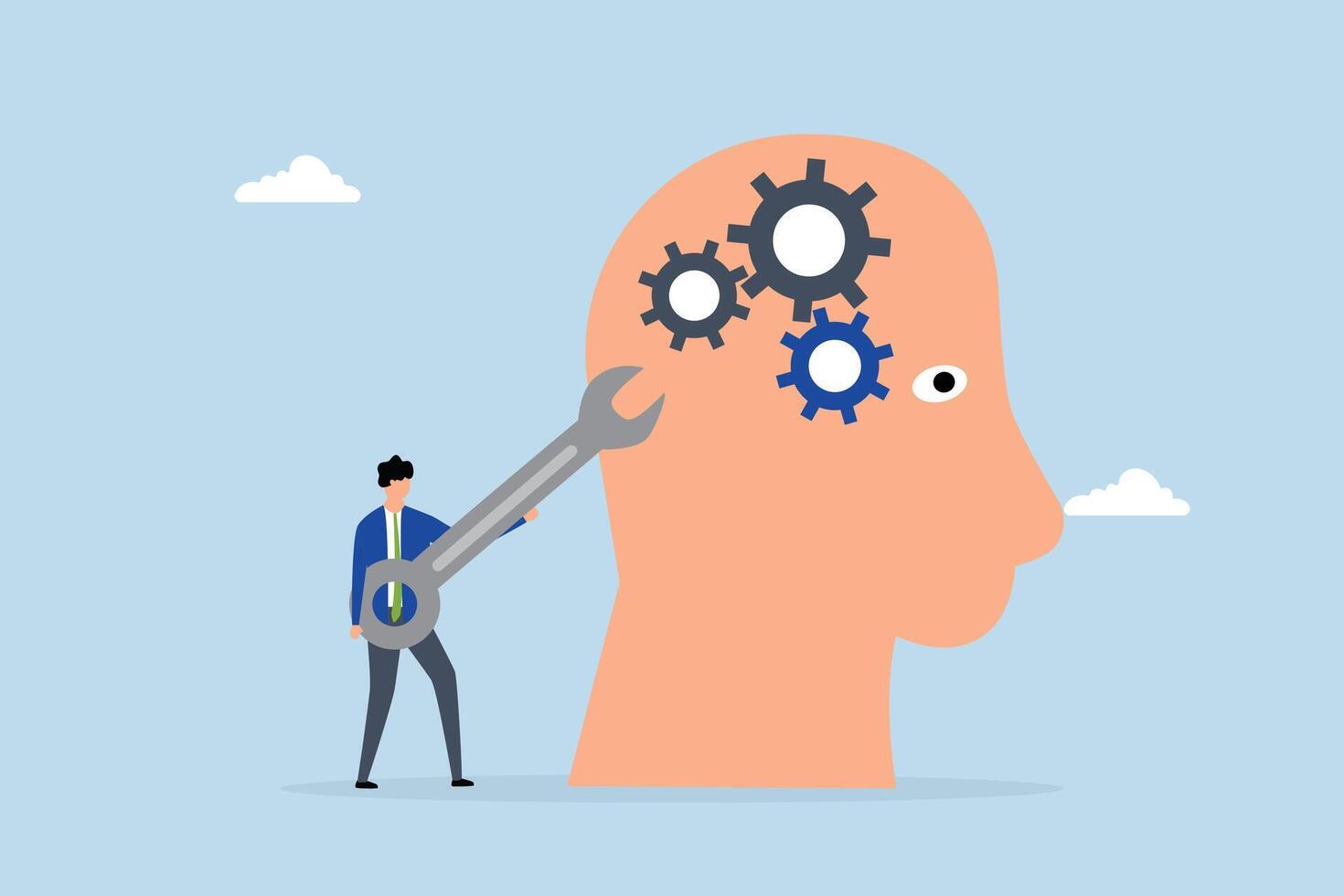Change mindset, entrepreneur holding a wrench to modify gear cogs on a human head as a metaphor for mindset. vector
