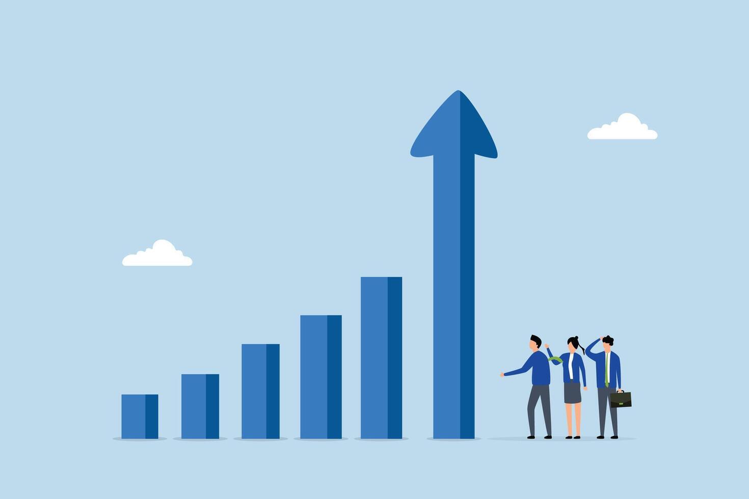 Grow business increase sales and profit, group of business professionals examining an upward trending graph arrow. vector