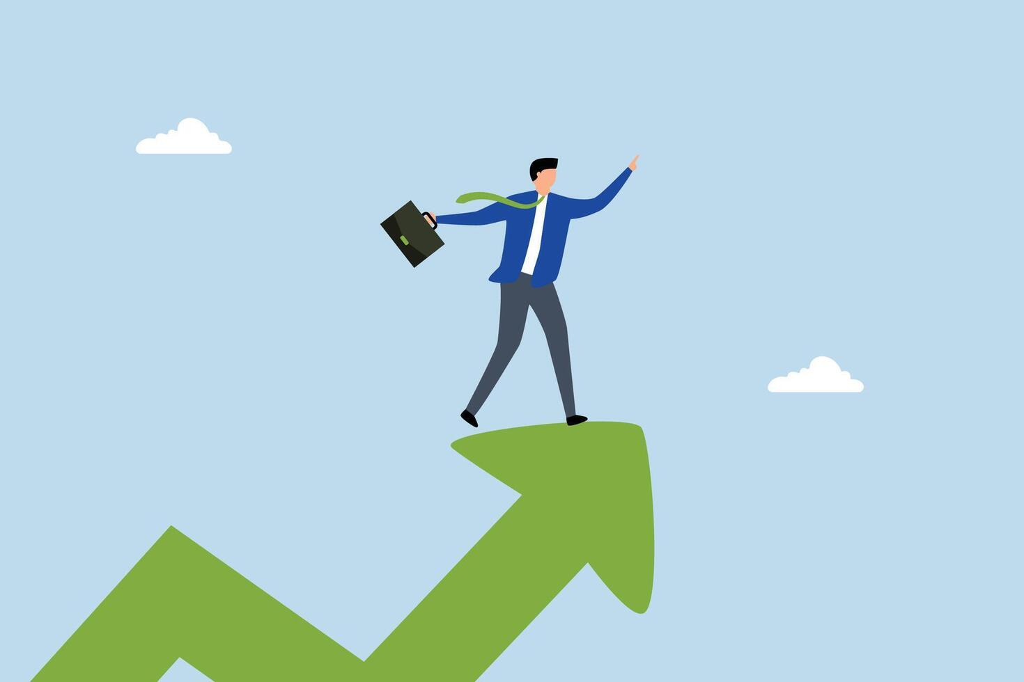 confident entrepreneur stands atop a rising arrow directed towards the sky. vector