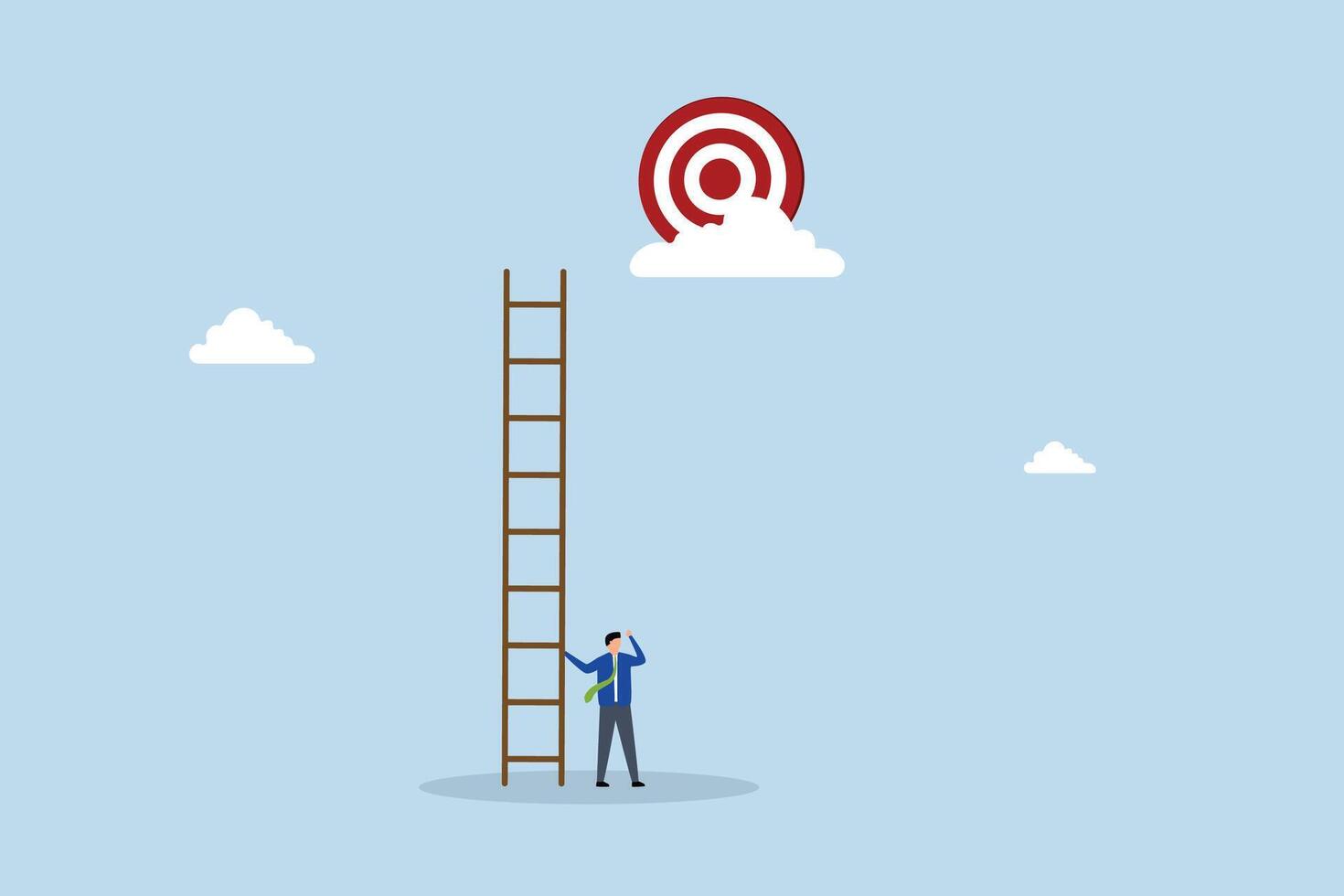 Mistake and error causing business problem and missing goal, despairing entrepreneur with an inadequate ladder cannot achieve goal. vector