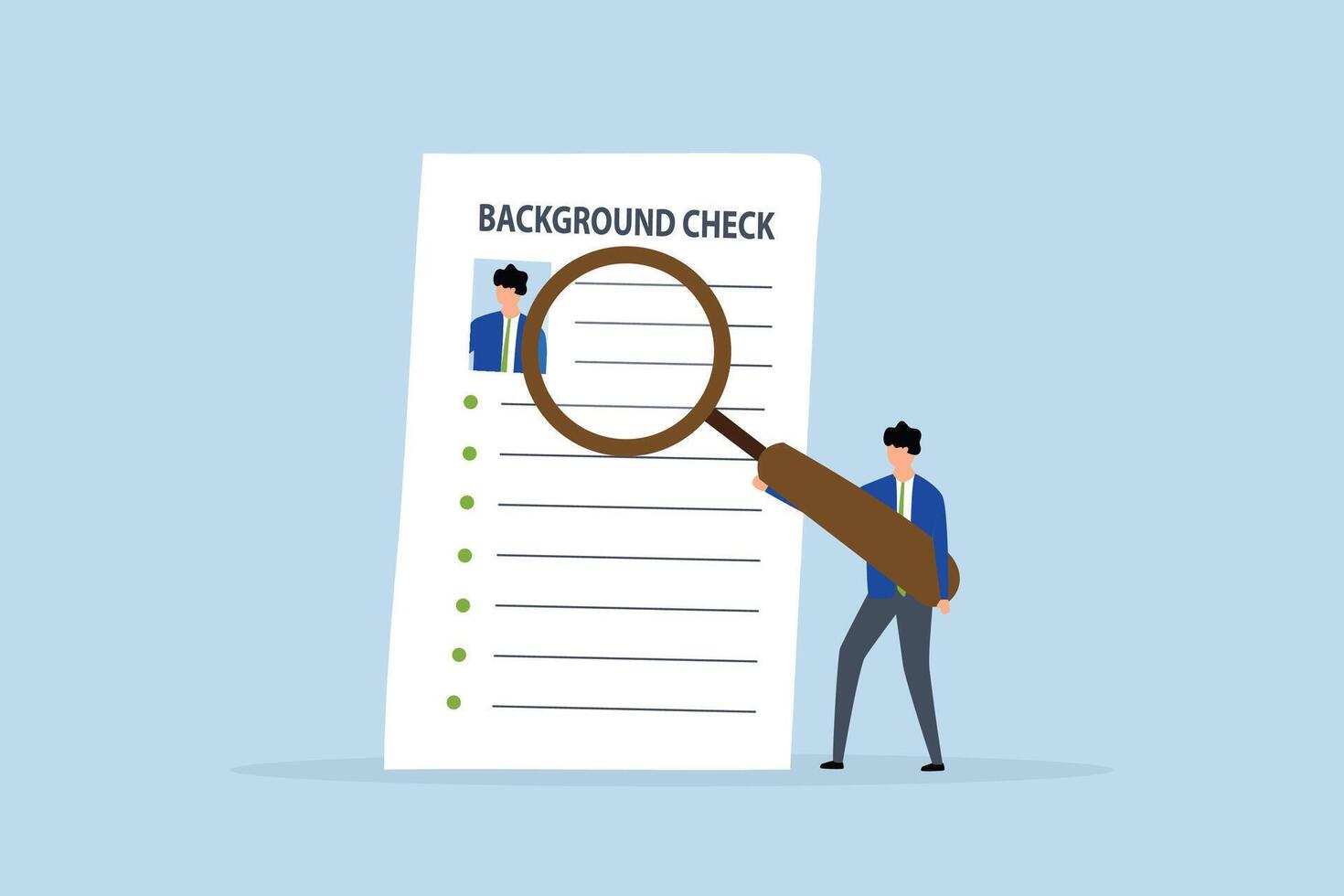Background check for employment, Investigator using a magnifying glass examining the candidate document. vector