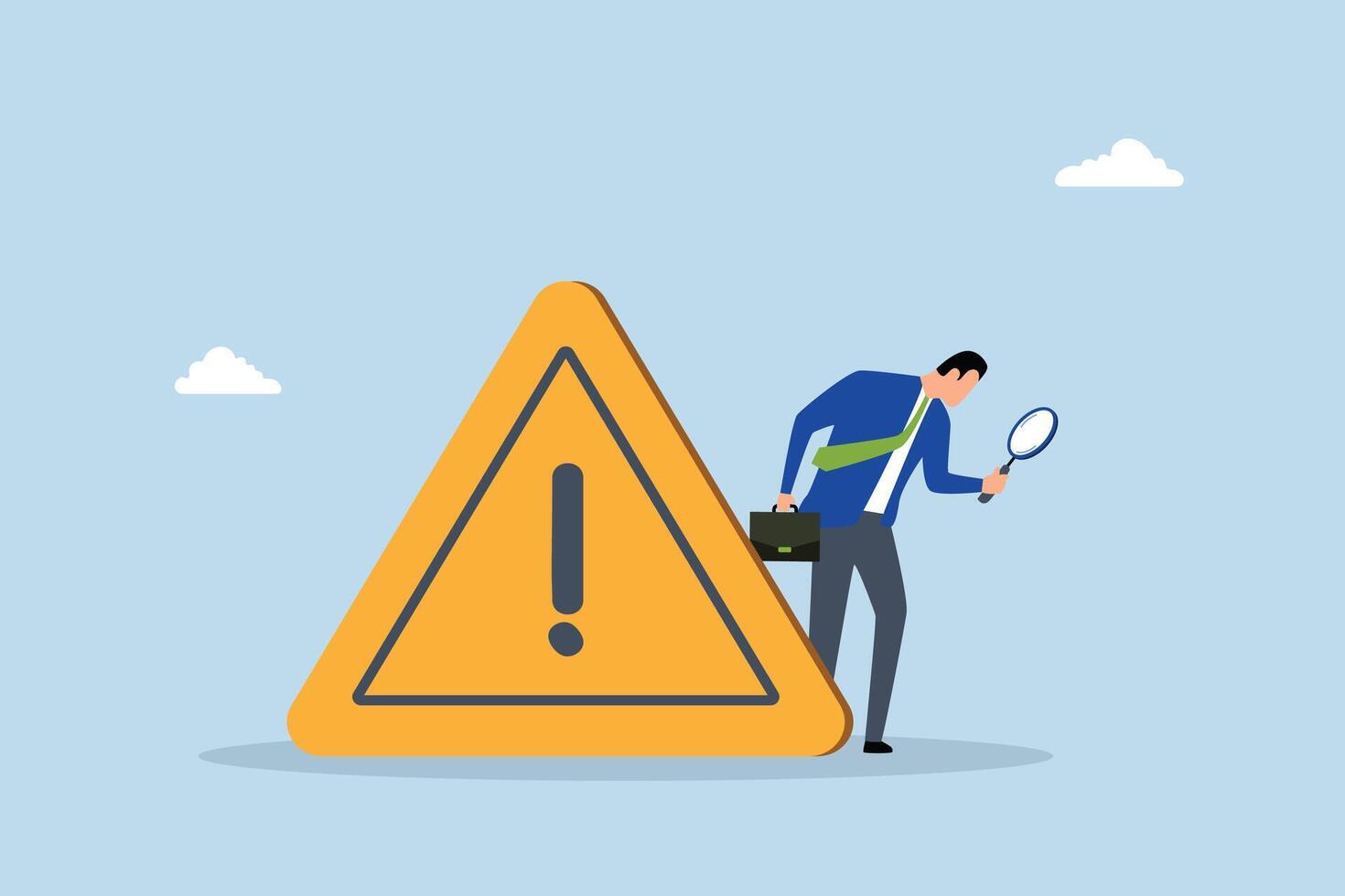 Incident management, Entrepreneur using a magnifying glass to examine an incident marked by an attention exclamation sign. vector