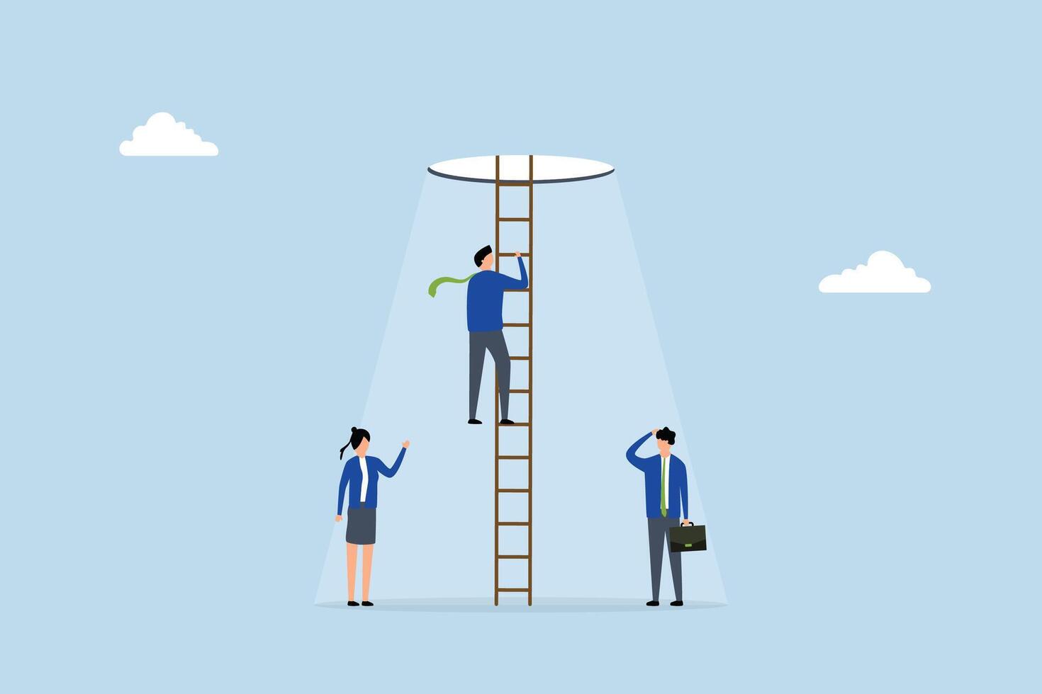 Hopefulness motivation to solve problem, aspire to conquer fear idea, entrepreneur ascend ladder towards illuminated path ahead. vector