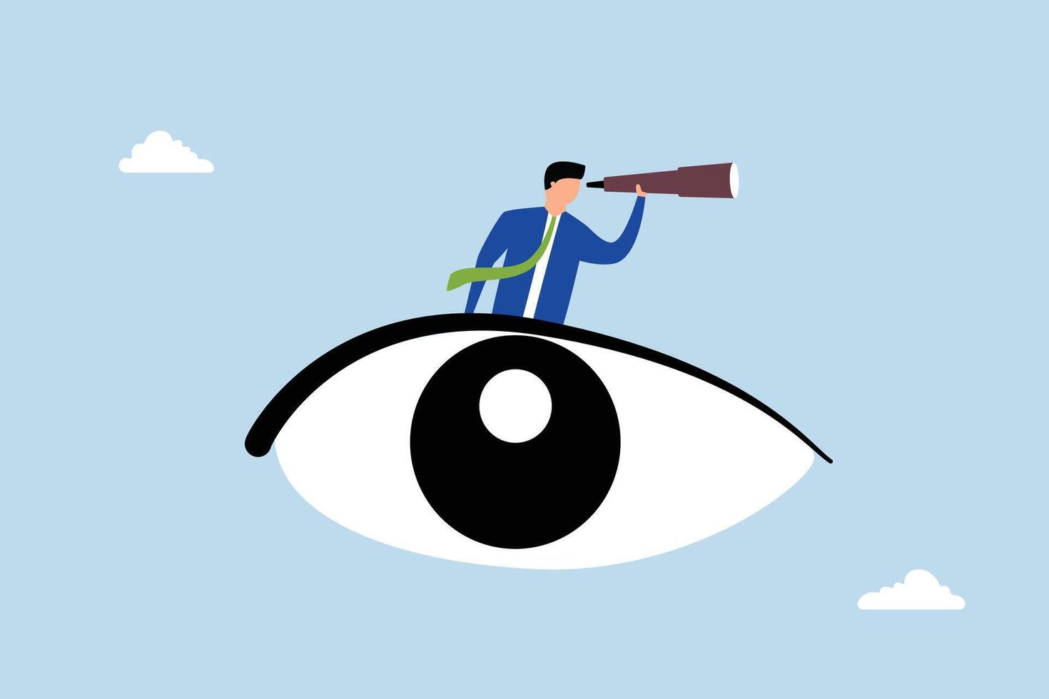 Business vision, businessman gazes through binoculars from his large eye. vector