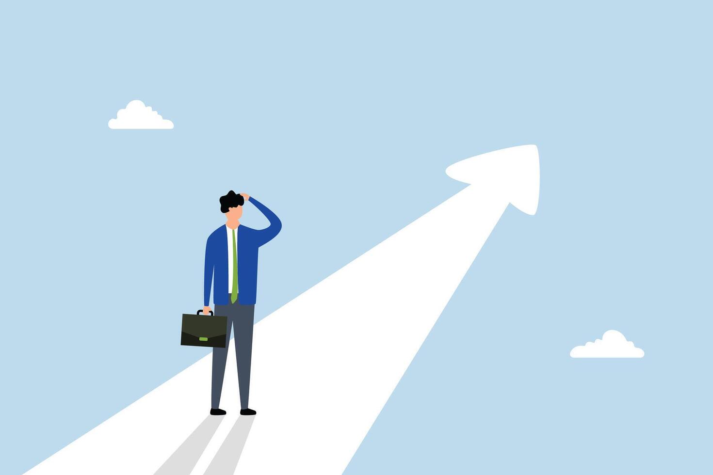 Finding purpose, perplexed entrepreneur targeting future goal arrow vector