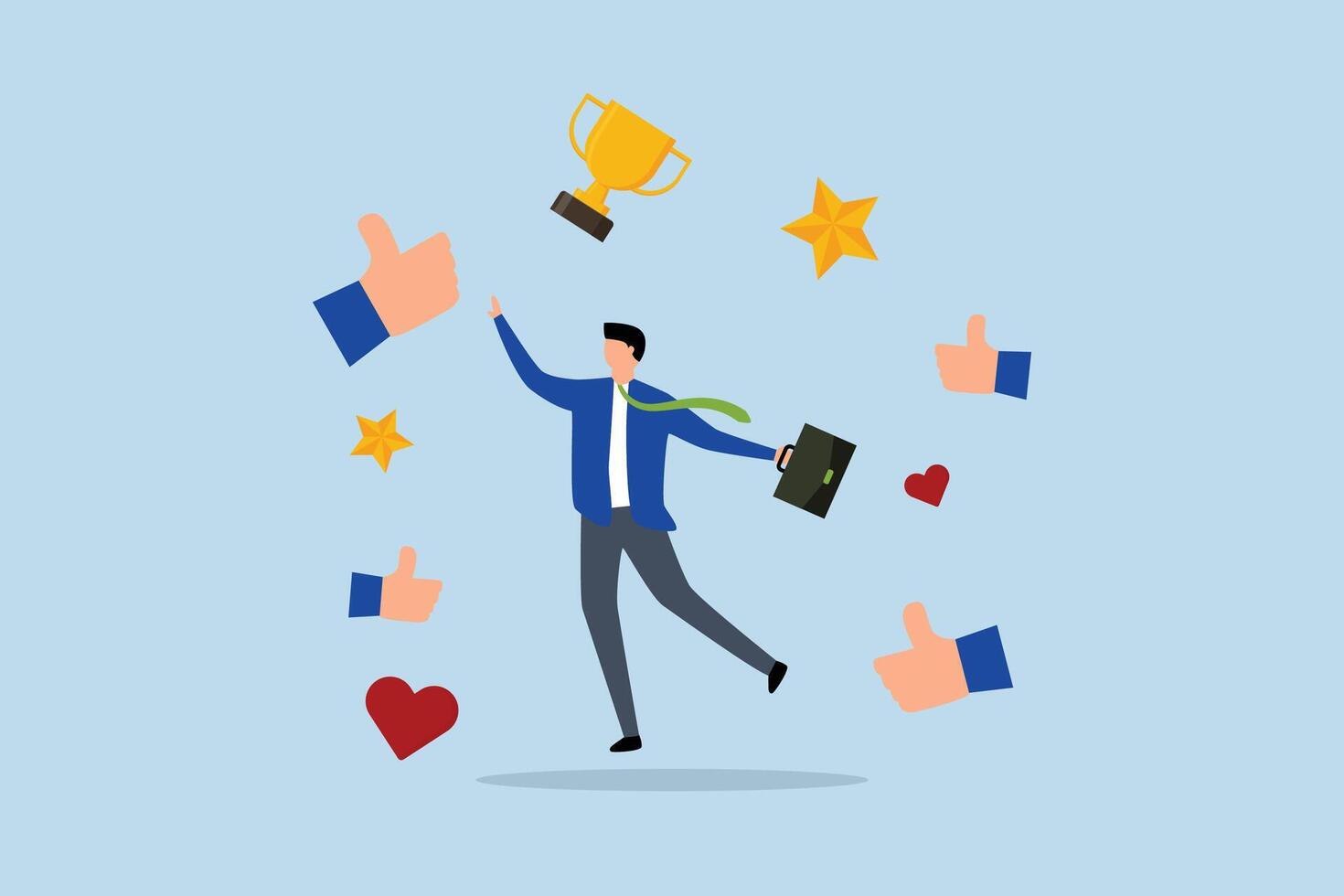 Appreciate high performance employee, joyful achievement entrepreneur with gratitude thumbs up clapping, stars and award. vector
