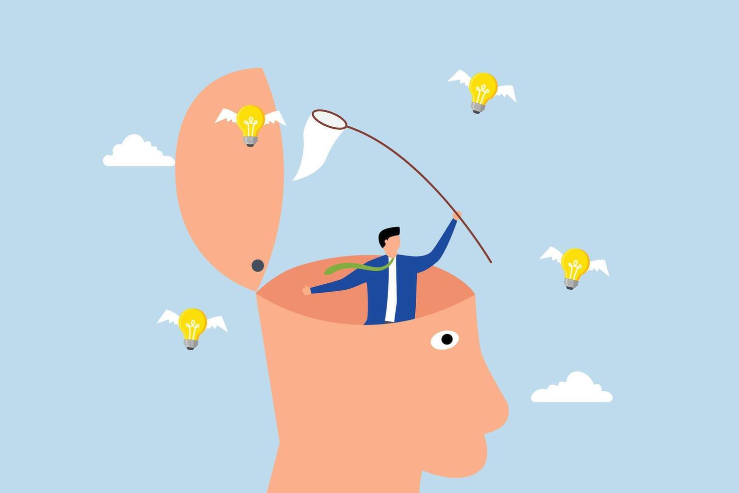 New creative idea thinking process, Entrepreneur unveils his mind to capture bright ideas with a butterfly net. vector