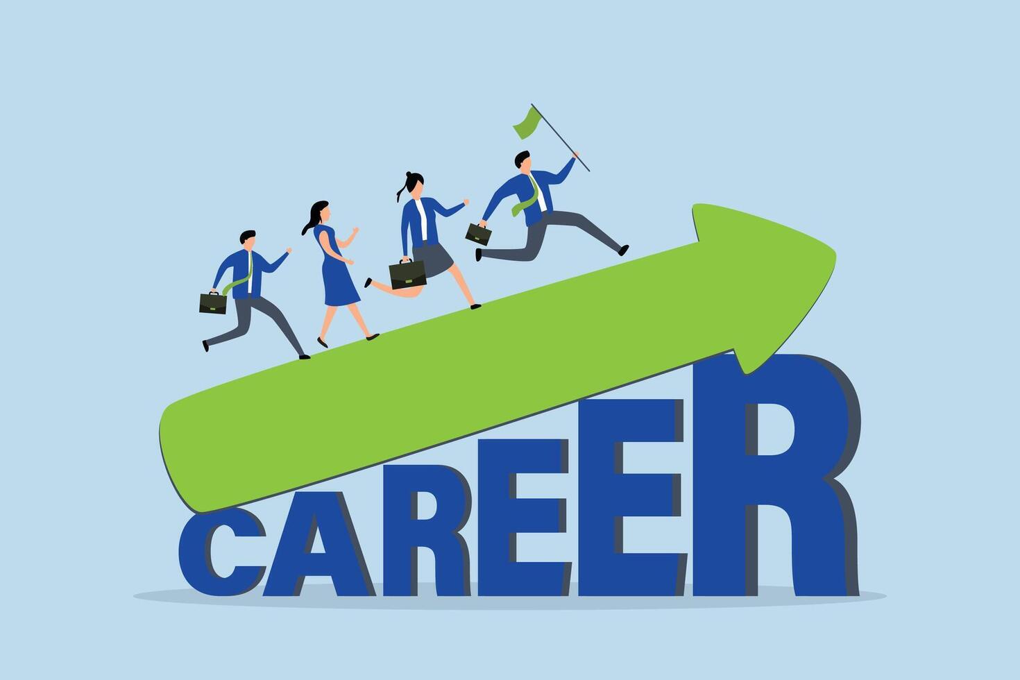 Career growth or career development, happy businessman and businesswoman sprinting on ascending arrow with word Career. vector