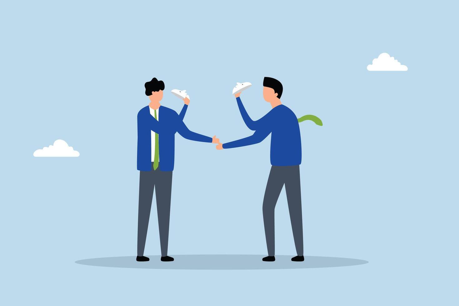Dishonesty partnership, businessmen shake hands, both wearing masks to conceal true intentions. vector