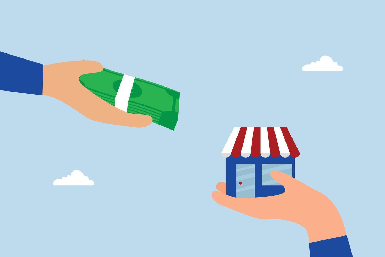 Company buyout, Entrepreneur proposes cash to purchase, while another suggests acquiring a company or retail establishment. vector