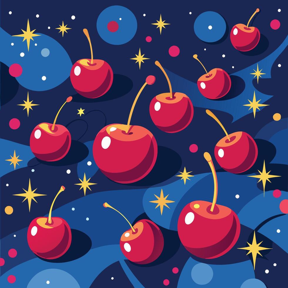 cherries on a blue background with stars vector