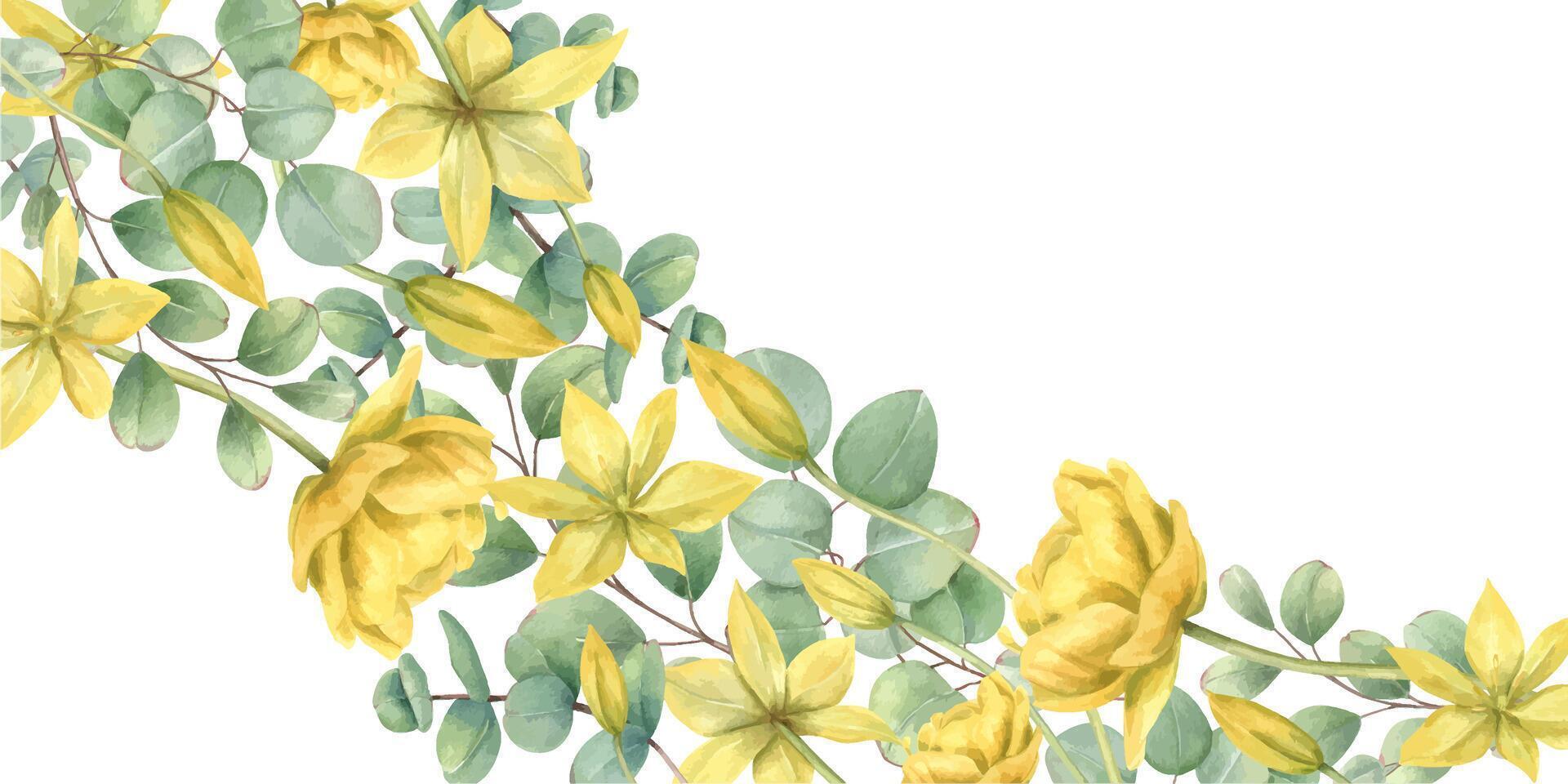 Spring yellow tulip flowers, green eucalyptus leaves hand drawn frame in watercolor. Floral illustration isolated background with copy space for text. Border for wedding, greeting card, stationery. vector