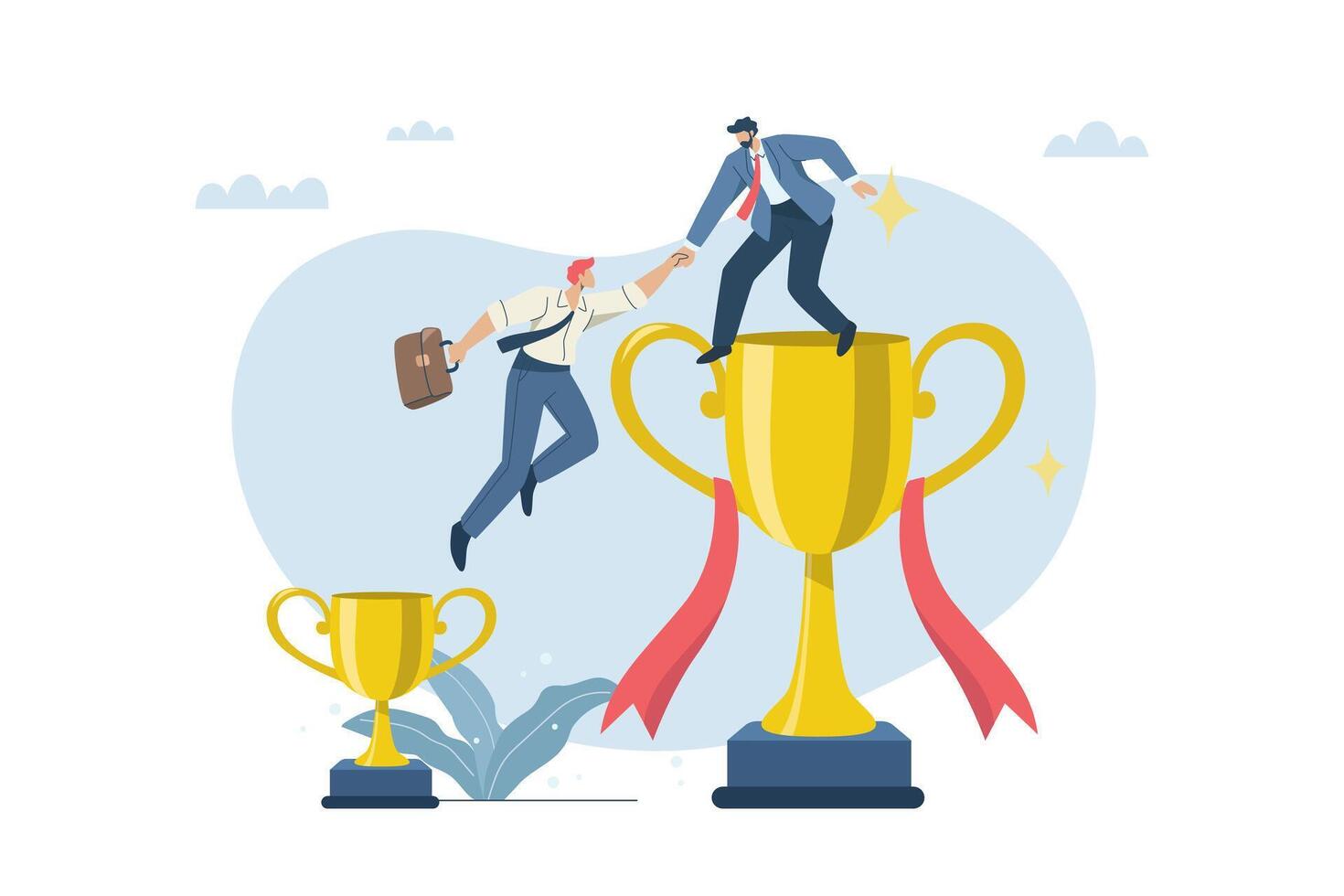 Support or consulting for business success, Businessman helps teammates to move from small trophy to big trophy, Business assistance, Team friendship. Flat design illustration. vector