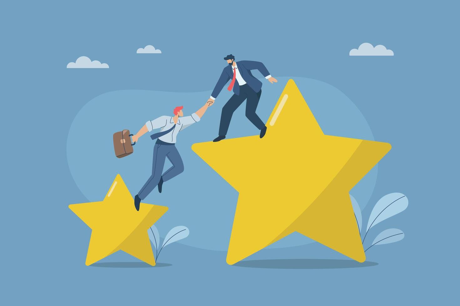 Businessman helps his teammates to go from small star to big star, Support or consulting for business success, Business assistance, Team friendship. Flat design illustration. vector