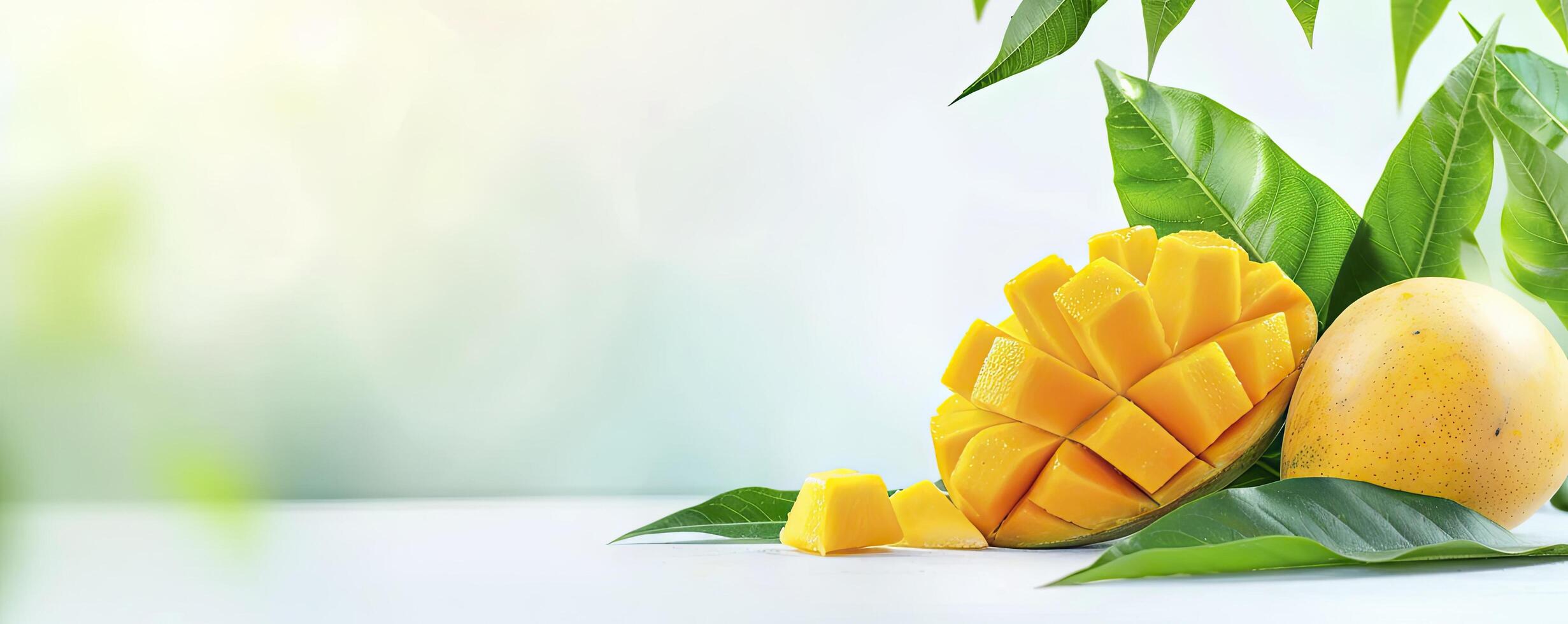 whole and sliced ripe mango with leaf photo