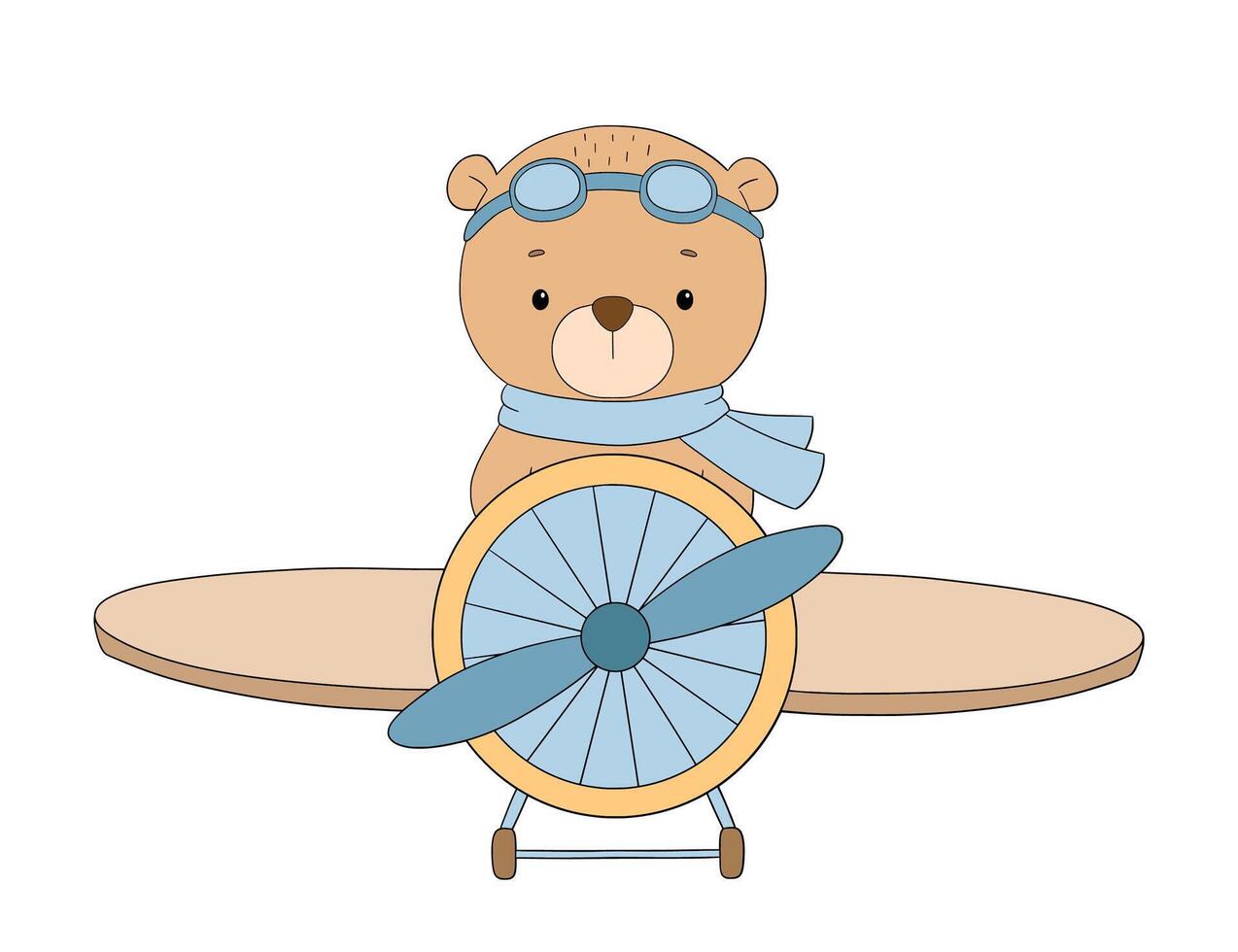 Cute little bear pilot on airplane, hand drawn character illustration on white background for kids vector