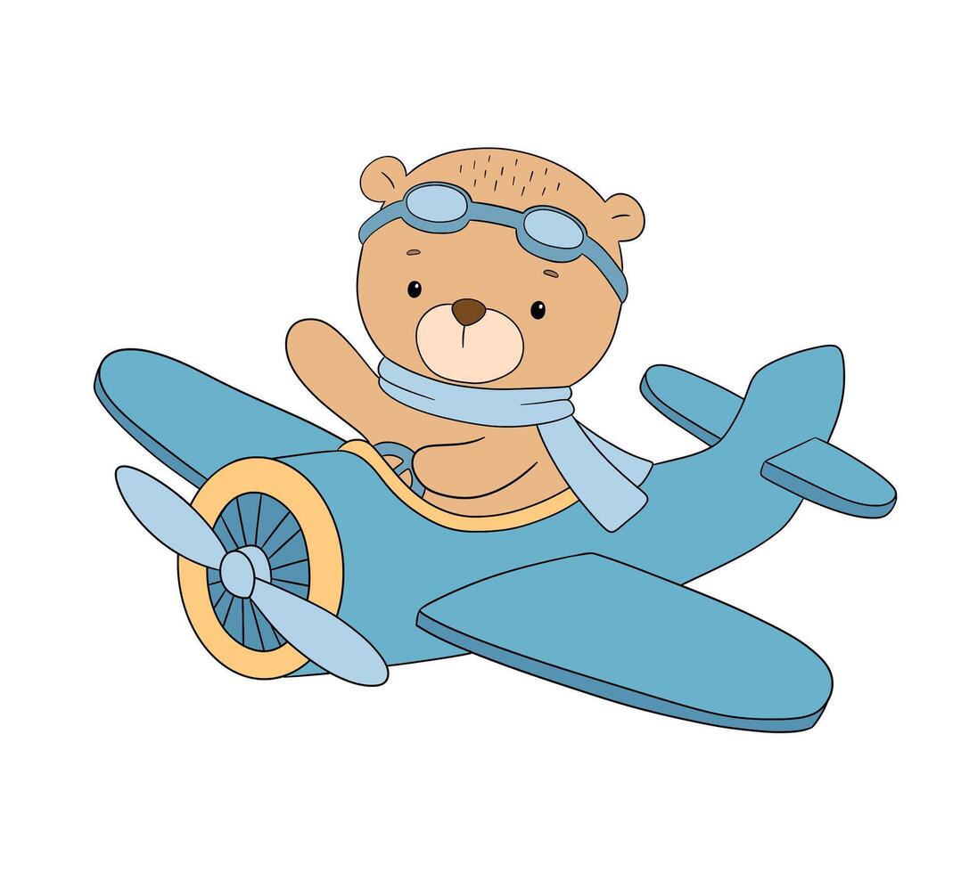Cute bear pilot on airplane, hand drawn illustration isolated on white background for kids vector