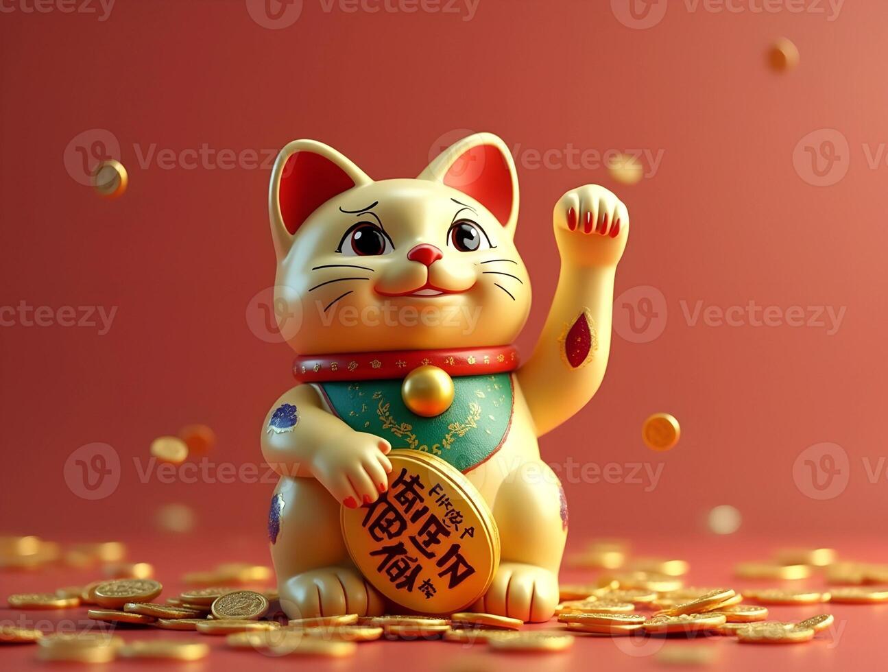 traditional Maneki-neko with a Golden Coins with a raised paw, joyfully reaching out as golden coins fall around it, creating a whimsical, festive atmosphere photo
