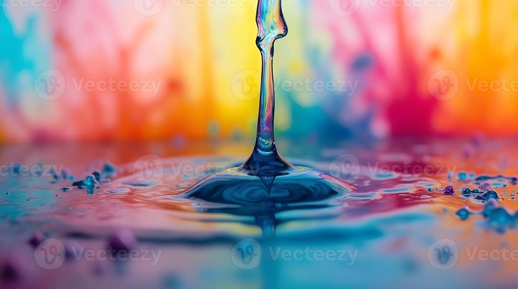Water droplet creates colorful splash in vibrant surroundings during bright daylight photo