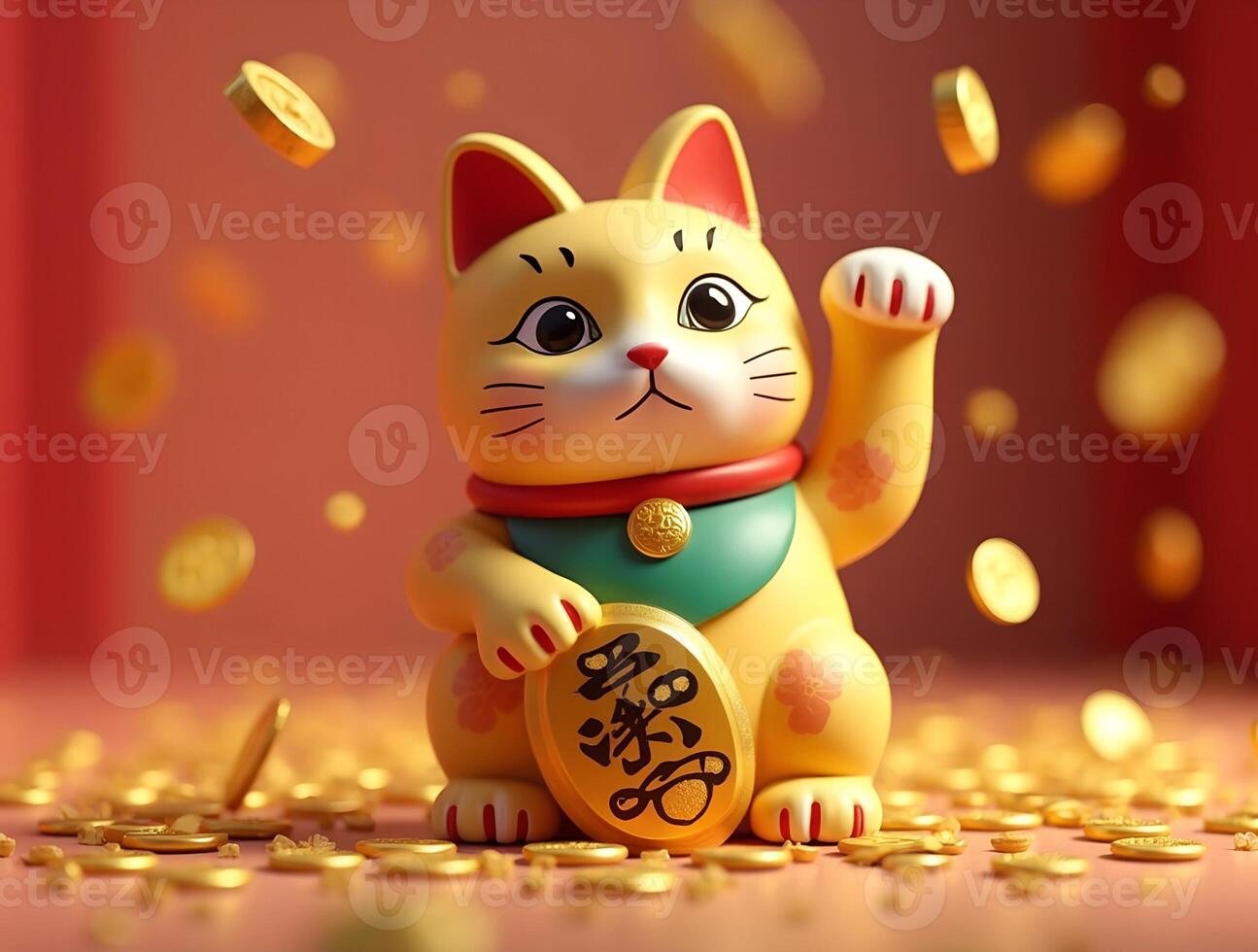 Traditional lucky cat figurine with golden coins. Maneki-neko surrounded by golden coins. Chinese New Year Symbol of Wealth and Fortune photo
