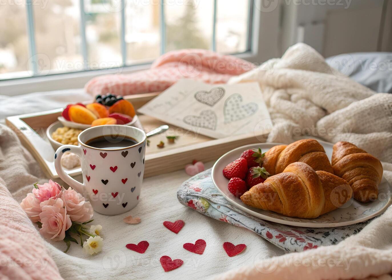 Breakfast spread with croissants, fruits, and coffee on a cozy bed setting in the morning light photo